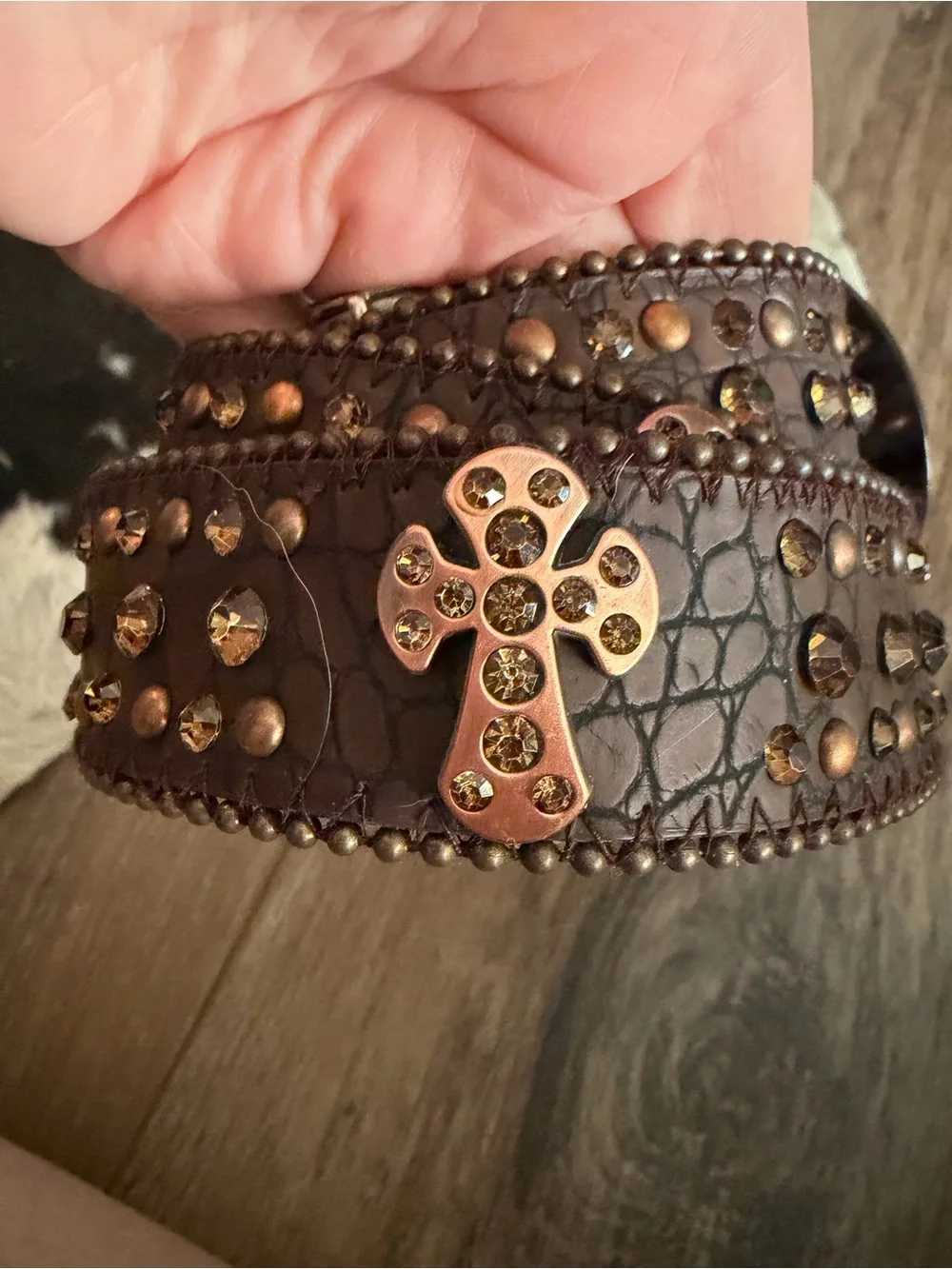 Brown Rhinestone studded Western Leather Belt with Decorative Buckle NWOT